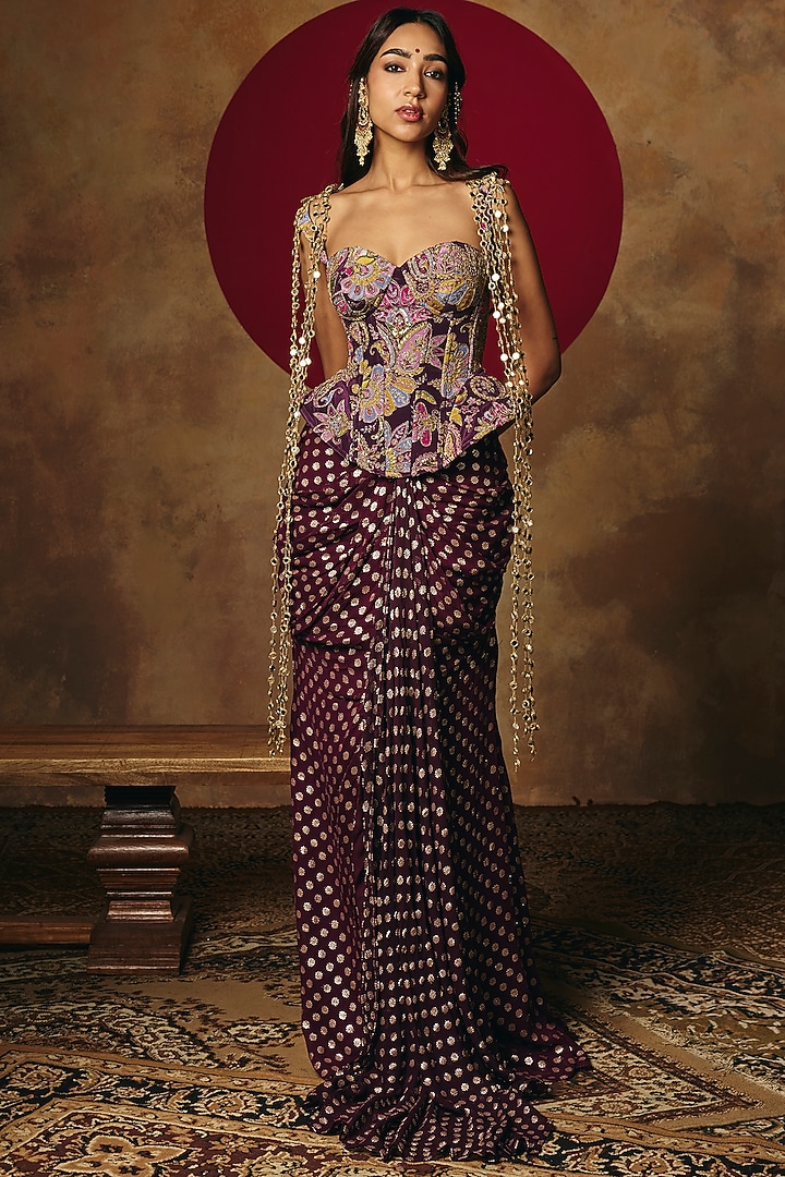 Purple Brocade & Georgette Skirt Set by Saanjh by Lea at Pernia's Pop Up Shop