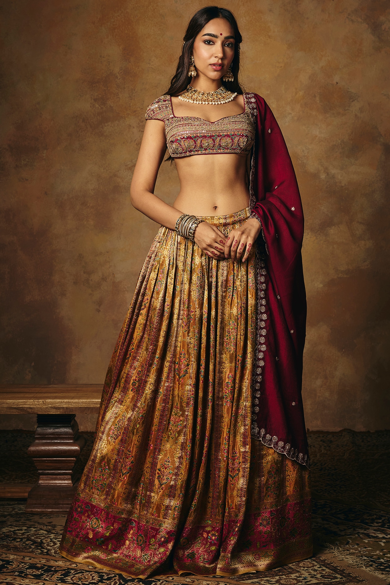 Saanjh by Lea Maroon & Burgundy Banarasi Tissue Lehenga Set