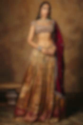 Maroon & Burgundy Banarasi Tissue Wedding Lehenga Set by Saanjh by Lea at Pernia's Pop Up Shop