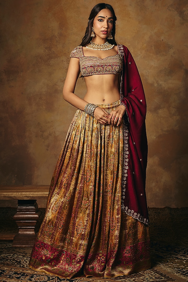 Maroon & Burgundy Banarasi Tissue Wedding Lehenga Set by Saanjh by Lea at Pernia's Pop Up Shop