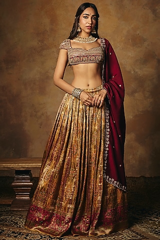 Maroon & Burgundy Banarasi Tissue Lehenga Set by Saanjh by Lea