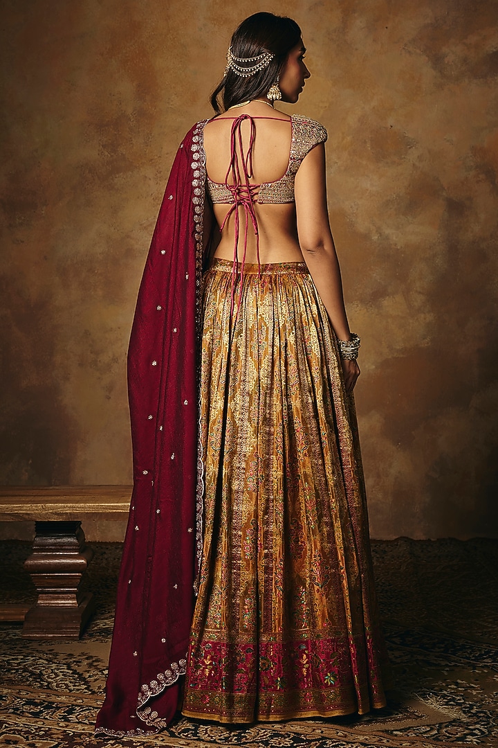 Maroon & Burgundy Banarasi Tissue Wedding Lehenga Set by Saanjh by Lea at Pernia's Pop Up Shop