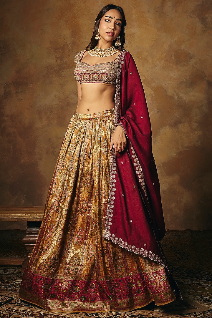 Maroon & Burgundy Banarasi Tissue Wedding Lehenga Set by Saanjh by Lea at Pernia's Pop Up Shop