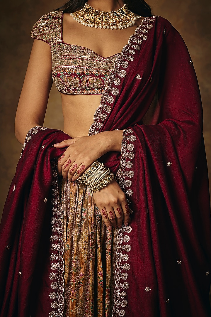 Maroon & Burgundy Banarasi Tissue Wedding Lehenga Set by Saanjh by Lea at Pernia's Pop Up Shop