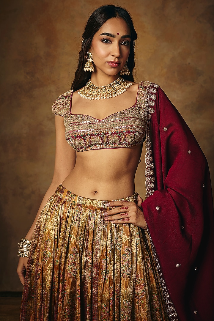 Maroon & Burgundy Banarasi Tissue Wedding Lehenga Set by Saanjh by Lea at Pernia's Pop Up Shop