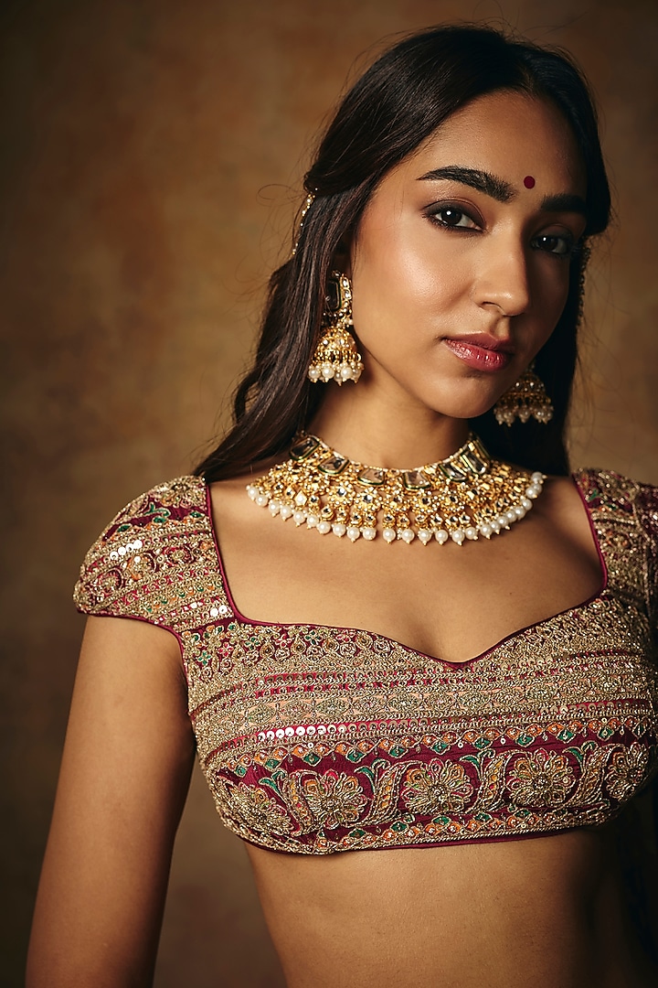 Maroon & Burgundy Banarasi Tissue Wedding Lehenga Set by Saanjh by Lea at Pernia's Pop Up Shop