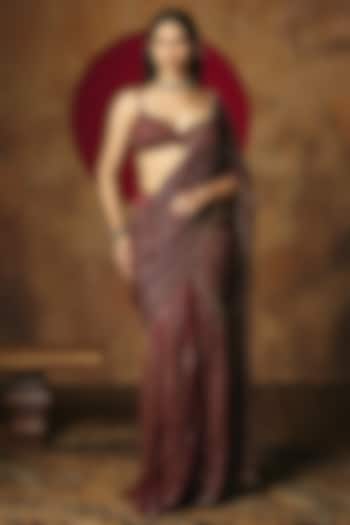 Wine Georgette Embroidered Draped Party Wear Saree Set by Saanjh by Lea at Pernia's Pop Up Shop