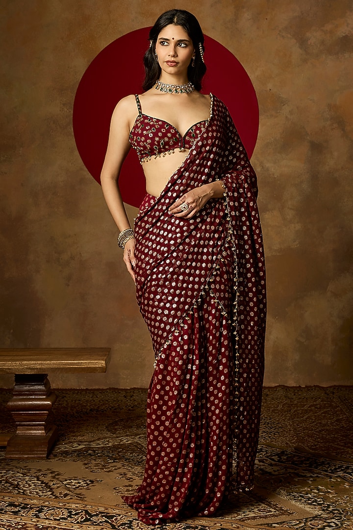 Wine Georgette Embroidered Draped Party Wear Saree Set by Saanjh by Lea at Pernia's Pop Up Shop