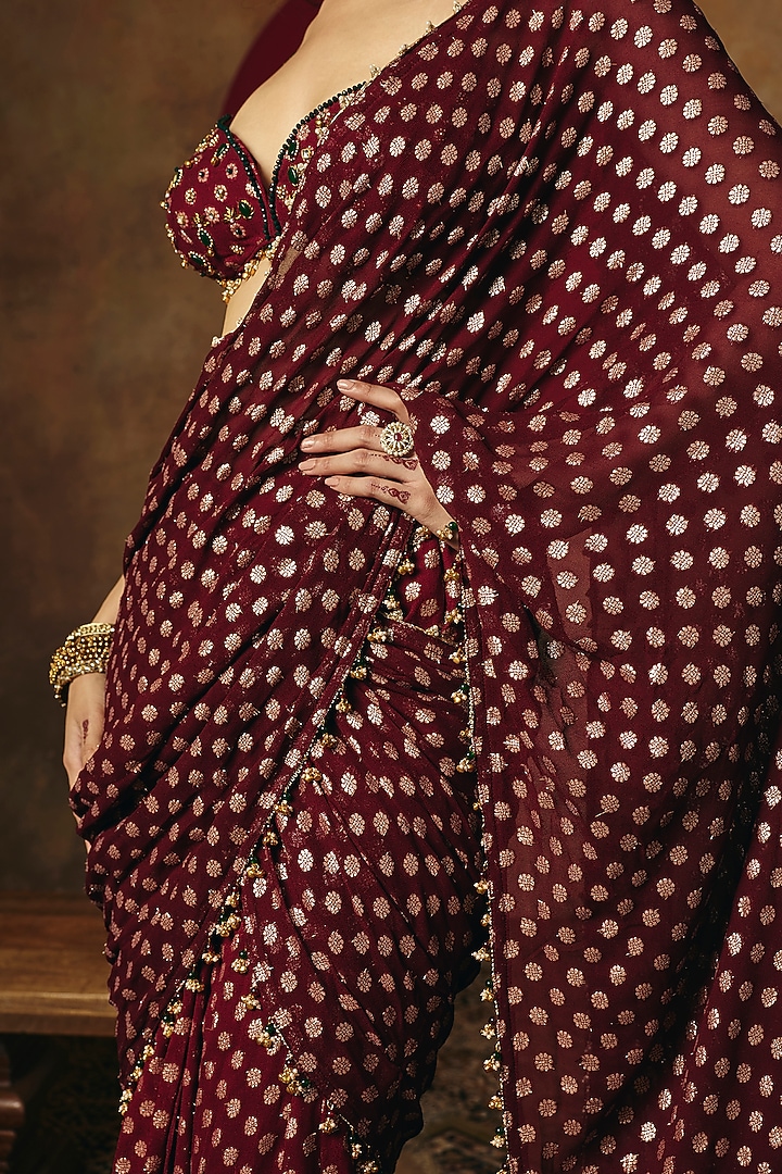 Wine Georgette Embroidered Draped Party Wear Saree Set by Saanjh by Lea at Pernia's Pop Up Shop