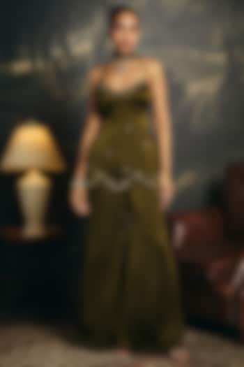 Olive Shimmer Chiffon Hand Embellished Kurta Set by Saanjh by Lea at Pernia's Pop Up Shop