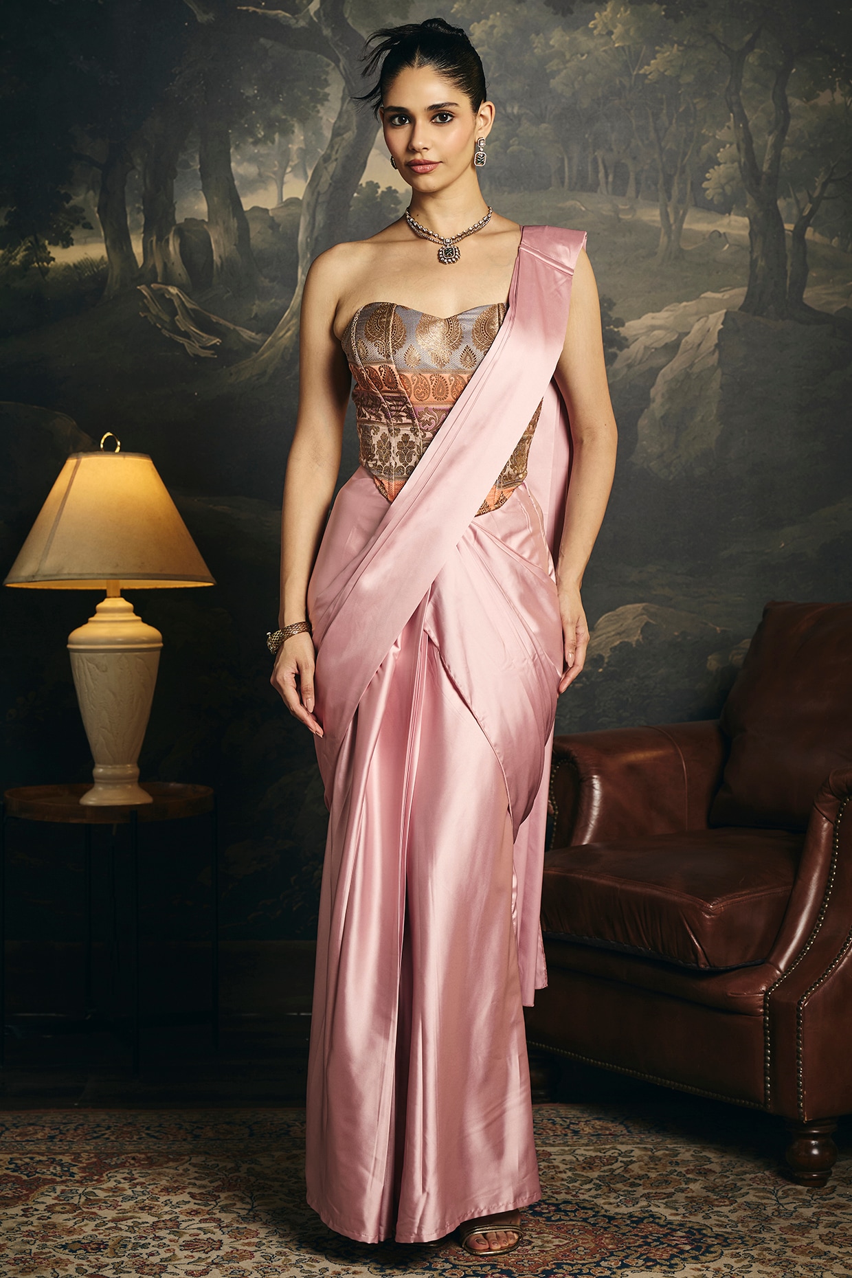 Saanjh by Lea Pink Satin Draped Saree Set