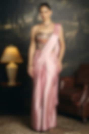 Pink Satin Draped Festive Saree Set by Saanjh by Lea at Pernia's Pop Up Shop