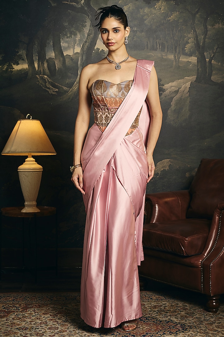 Pink Satin Draped Festive Saree Set by Saanjh by Lea at Pernia's Pop Up Shop
