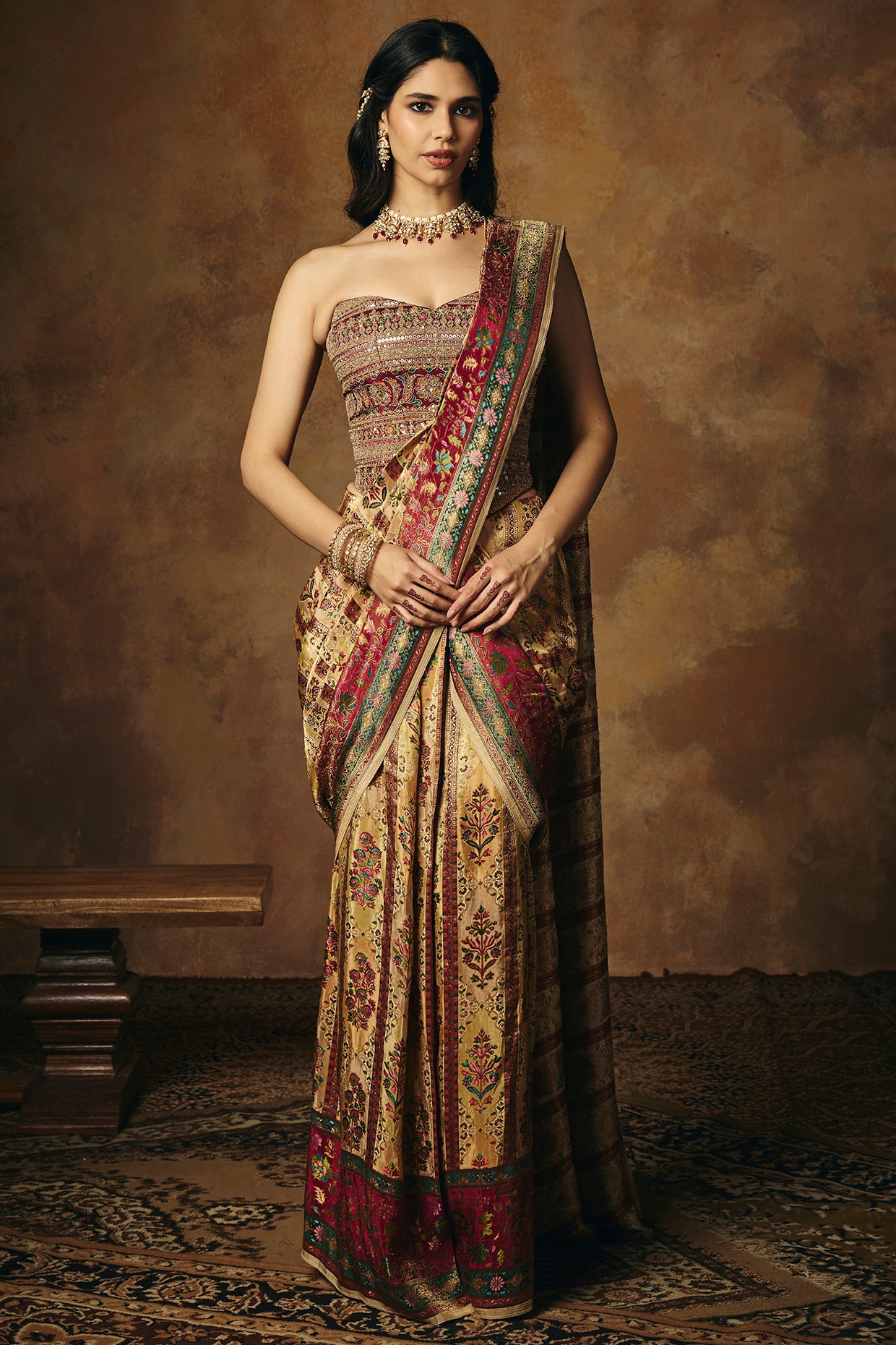 Saanjh by Lea Gold Tissue Floral Motif Printed Pre-Draped Saree Set