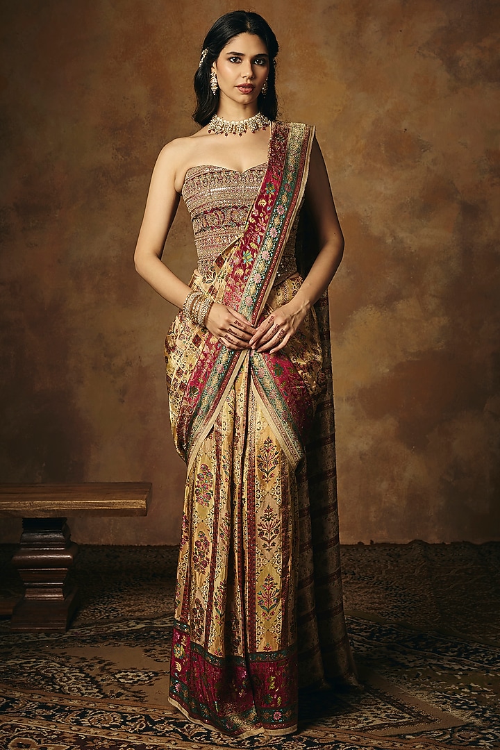 Gold Tissue Floral Motif Printed Pre-Draped Wedding Saree Set by Saanjh by Lea at Pernia's Pop Up Shop