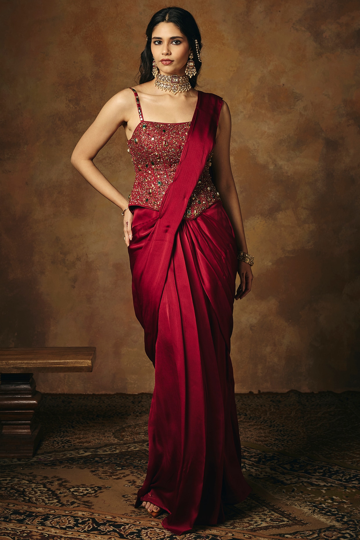 Saanjh by Lea Burgundy Satin Pre-Draped Saree Set