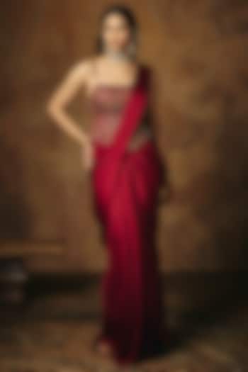 Burgundy Satin Pre-Draped Wedding Saree Set by Saanjh by Lea at Pernia's Pop Up Shop