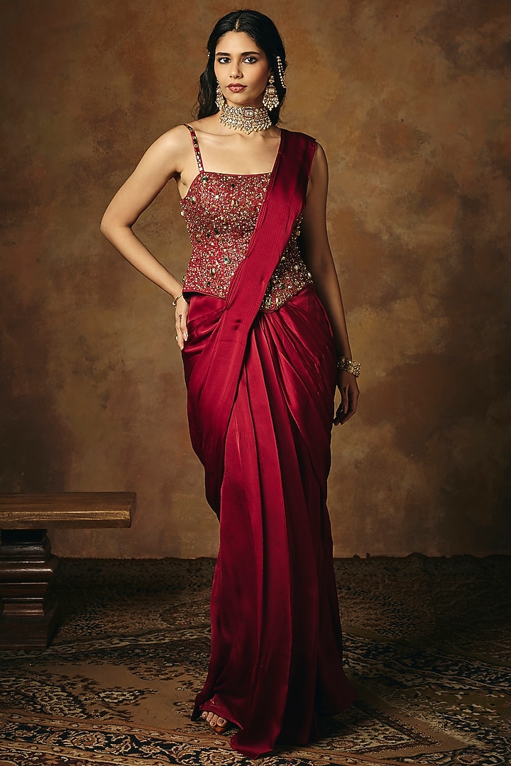 Burgundy Satin Pre-Draped Wedding Saree Set by Saanjh by Lea at Pernia's Pop Up Shop