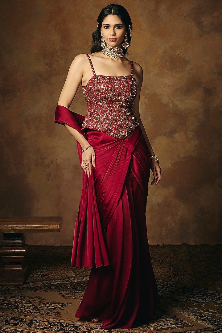 Burgundy Satin Pre-Draped Wedding Saree Set by Saanjh by Lea at Pernia's Pop Up Shop