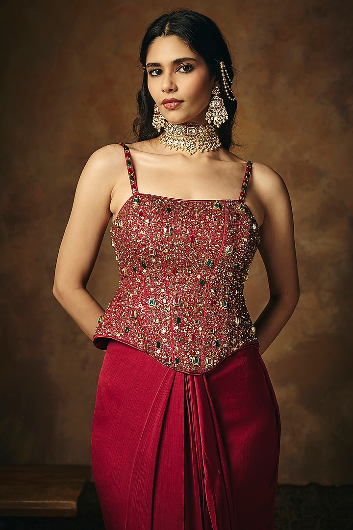 Burgundy Satin Pre-Draped Wedding Saree Set by Saanjh by Lea at Pernia's Pop Up Shop