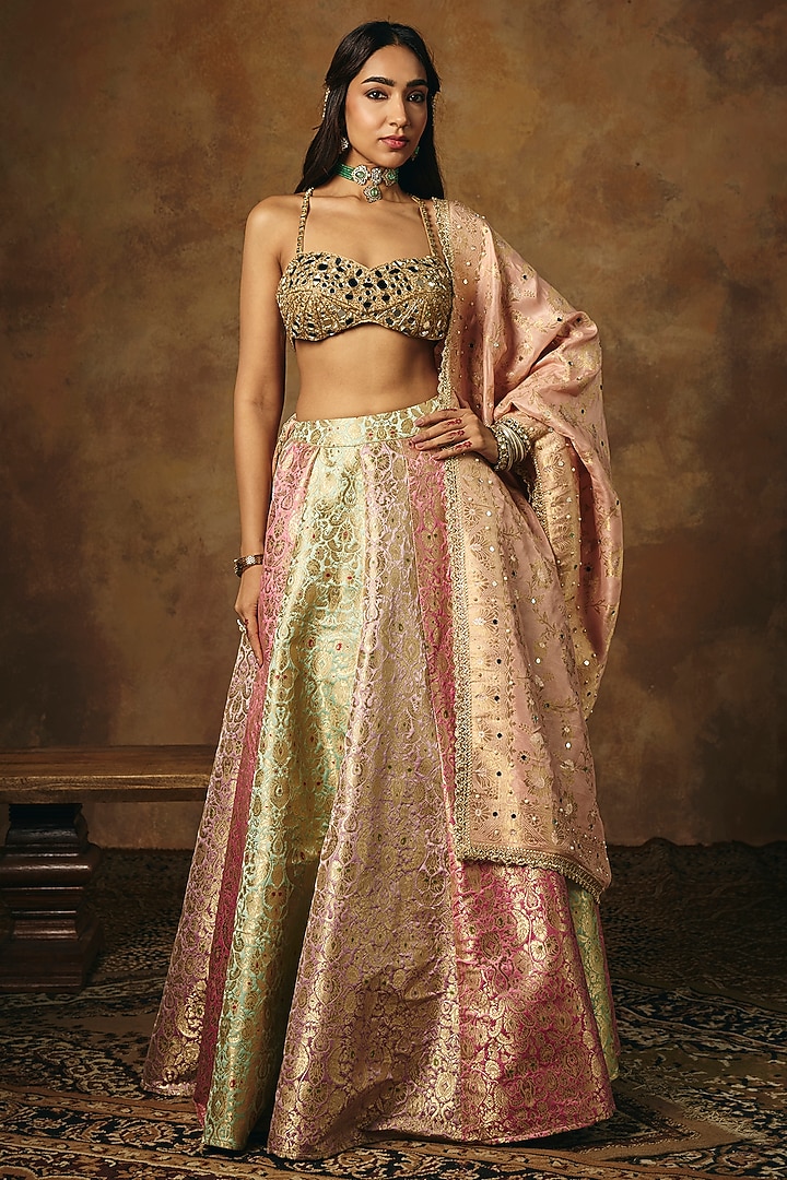 Multi-Colored Banarasi Brocade Kalidar Wedding Lehenga Set by Saanjh by Lea at Pernia's Pop Up Shop