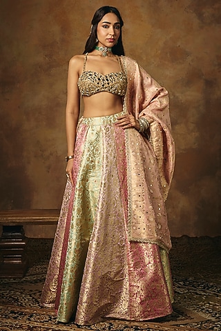 Multi-Colored Banarasi Brocade Kalidar Lehenga Set by Saanjh by Lea