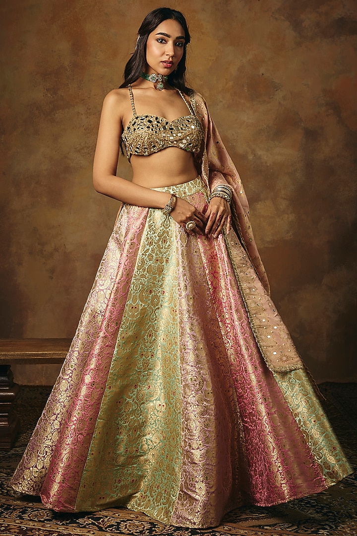 Multi-Colored Banarasi Brocade Kalidar Wedding Lehenga Set by Saanjh by Lea at Pernia's Pop Up Shop