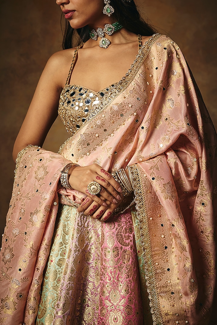 Multi-Colored Banarasi Brocade Kalidar Wedding Lehenga Set by Saanjh by Lea at Pernia's Pop Up Shop