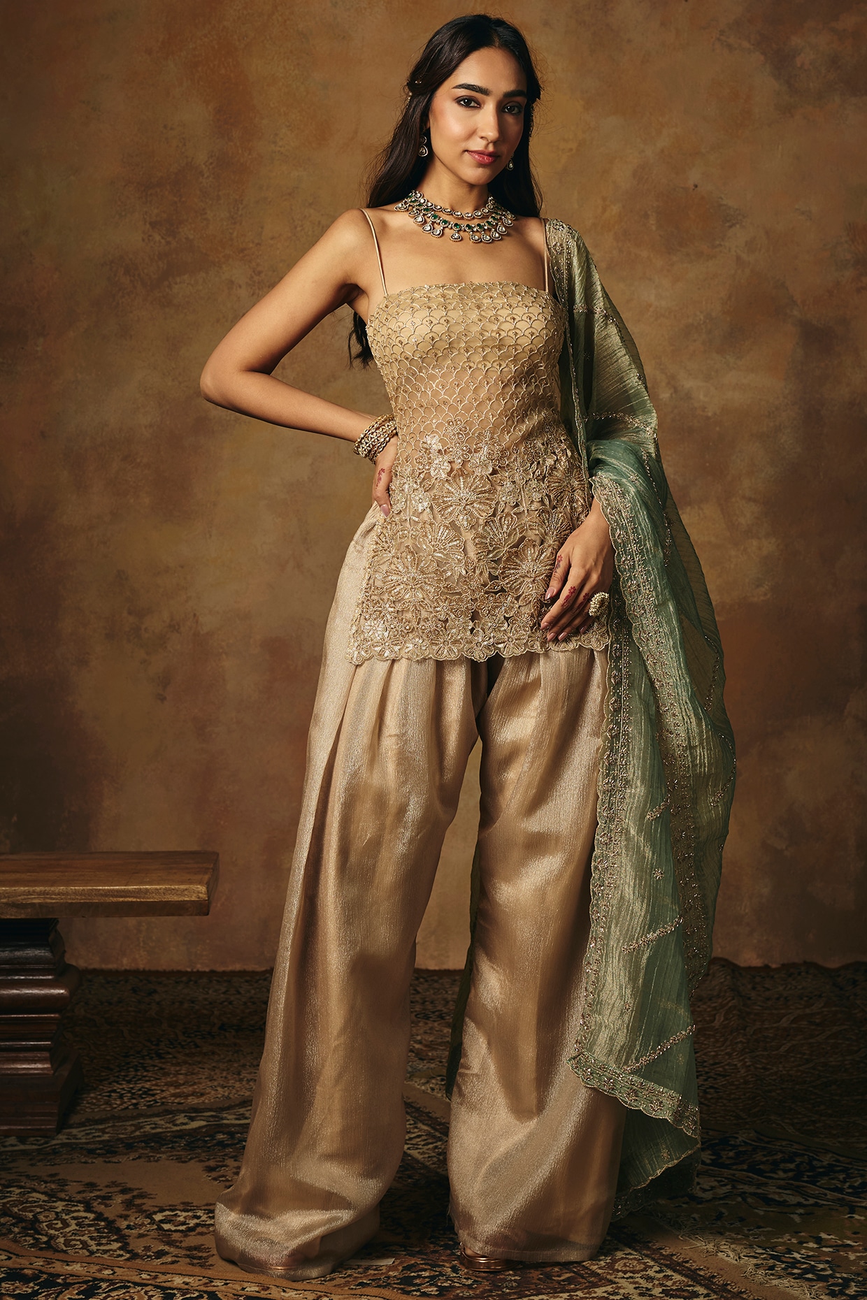 Saanjh by Lea Gold Soft Mesh Embroidered Kurta Set