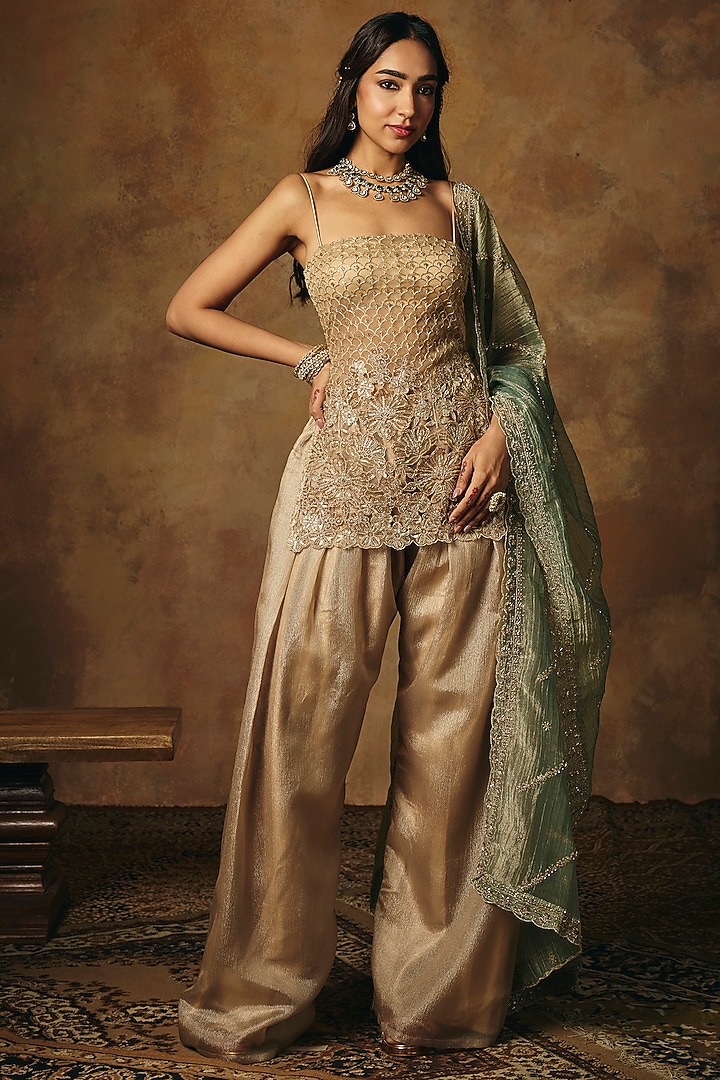 Gold Soft Mesh Embroidered Kurta Set by Saanjh by Lea at Pernia's Pop Up Shop