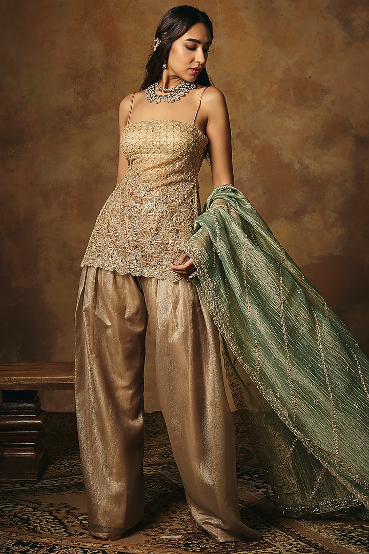 Gold Soft Mesh Embroidered Kurta Set by Saanjh by Lea at Pernia's Pop Up Shop