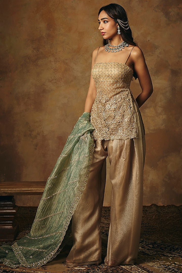 Gold Soft Mesh Embroidered Kurta Set by Saanjh by Lea at Pernia's Pop Up Shop