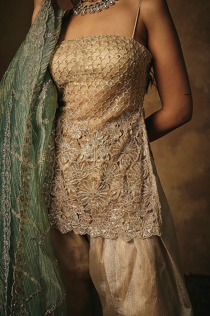 Gold Soft Mesh Embroidered Kurta Set by Saanjh by Lea at Pernia's Pop Up Shop