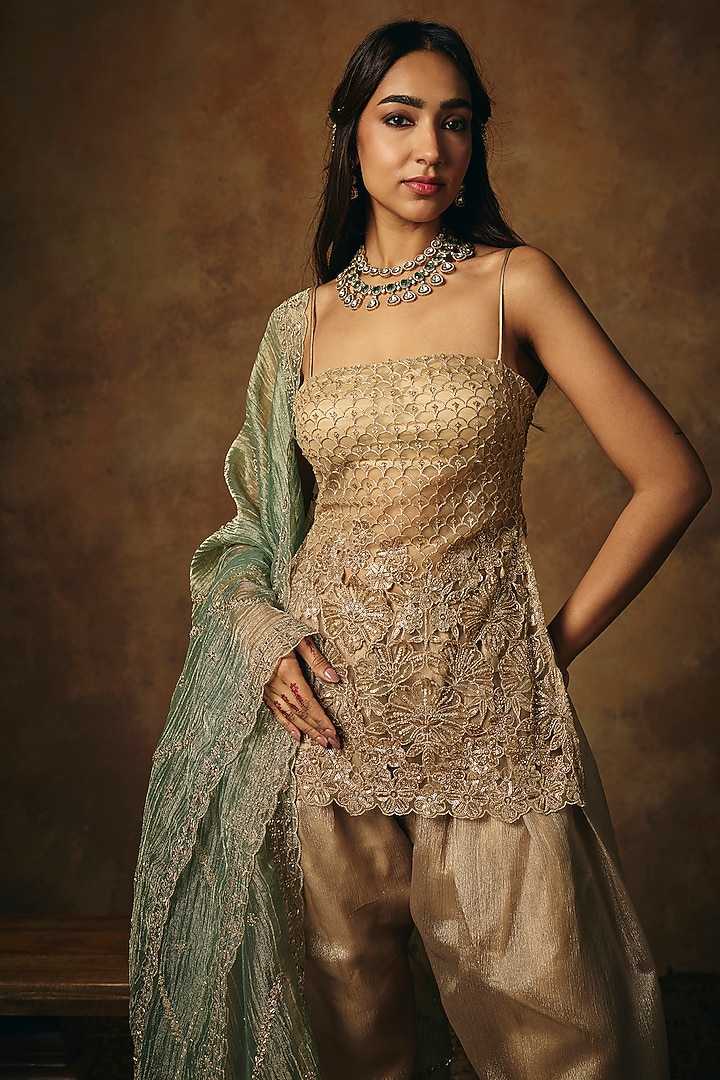 Gold Soft Mesh Embroidered Kurta Set by Saanjh by Lea at Pernia's Pop Up Shop