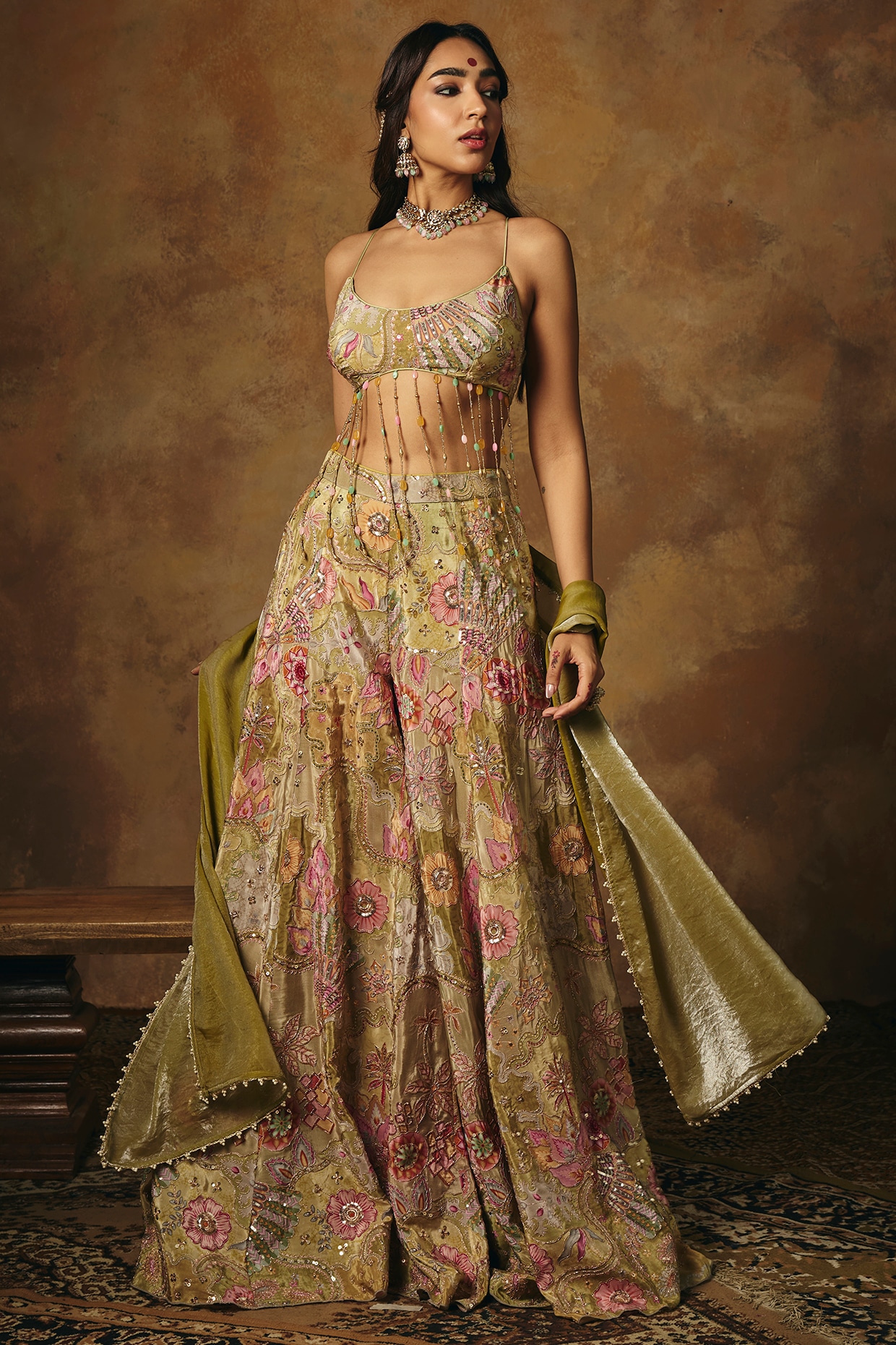Saanjh by Lea Green Tissue Gharara Set