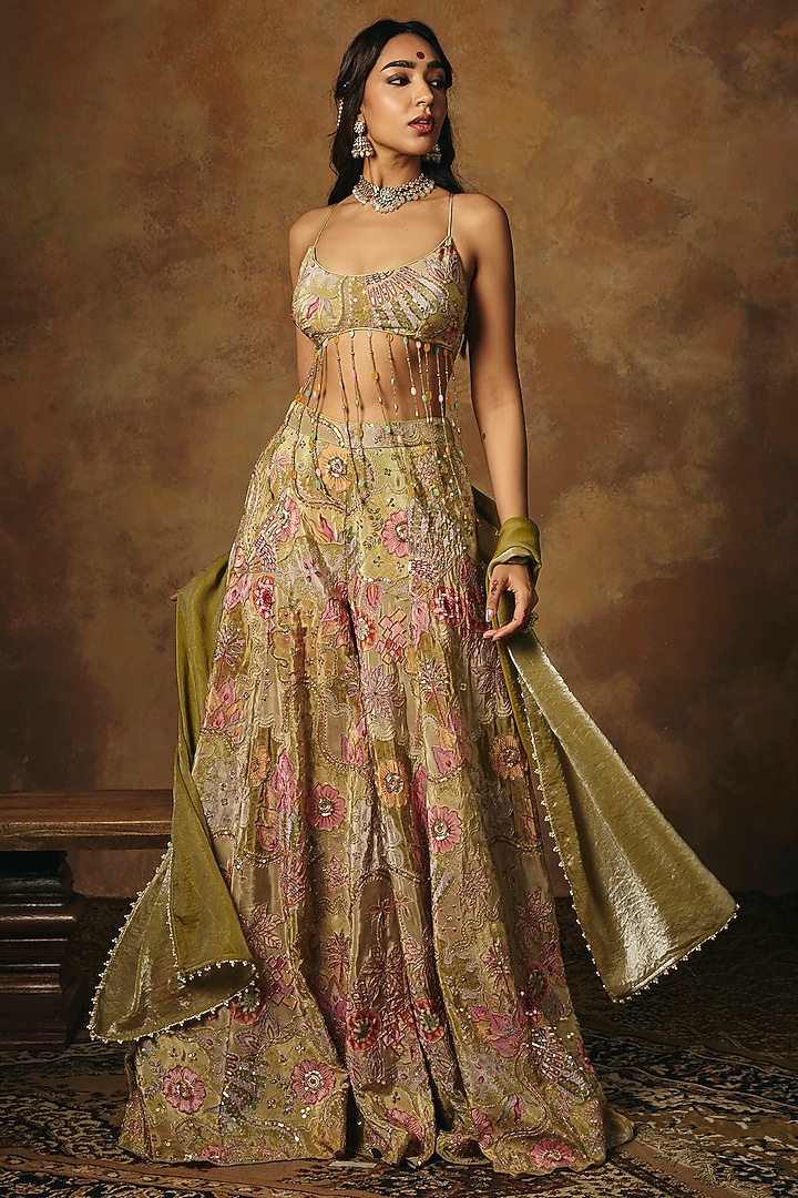 Green Tissue Gharara Set by Saanjh by Lea at Pernia's Pop Up Shop