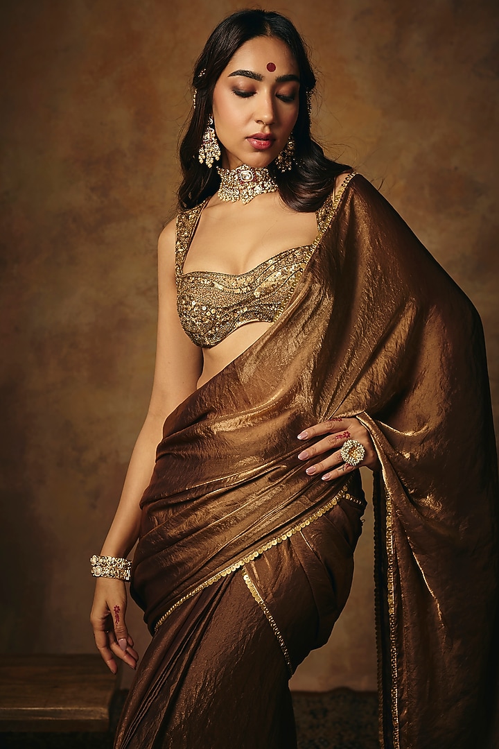 Gold Organza Wedding Saree Set by Saanjh by Lea at Pernia's Pop Up Shop