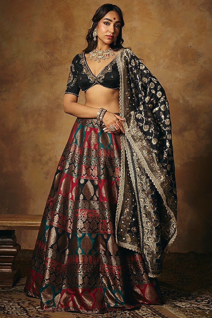 Black Banarasi Brocade Wedding Lehenga Set by Saanjh by Lea at Pernia's Pop Up Shop