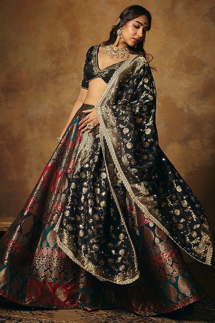 Black Banarasi Brocade Wedding Lehenga Set by Saanjh by Lea at Pernia's Pop Up Shop