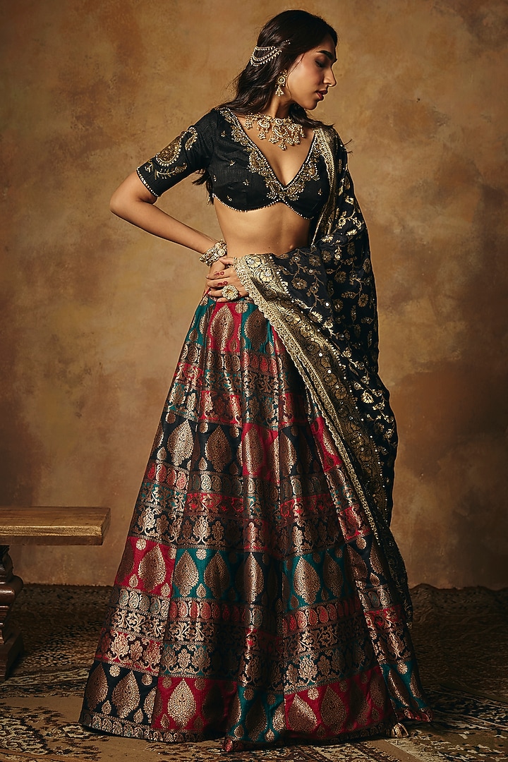 Black Banarasi Brocade Wedding Lehenga Set by Saanjh by Lea at Pernia's Pop Up Shop