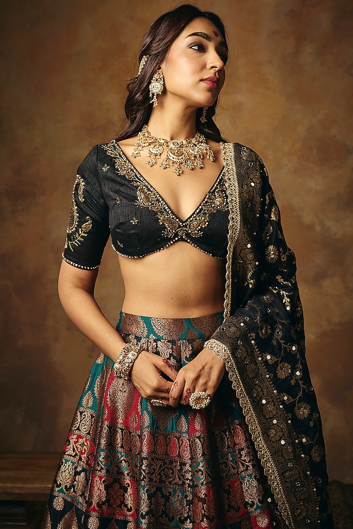 Black Banarasi Brocade Wedding Lehenga Set by Saanjh by Lea at Pernia's Pop Up Shop
