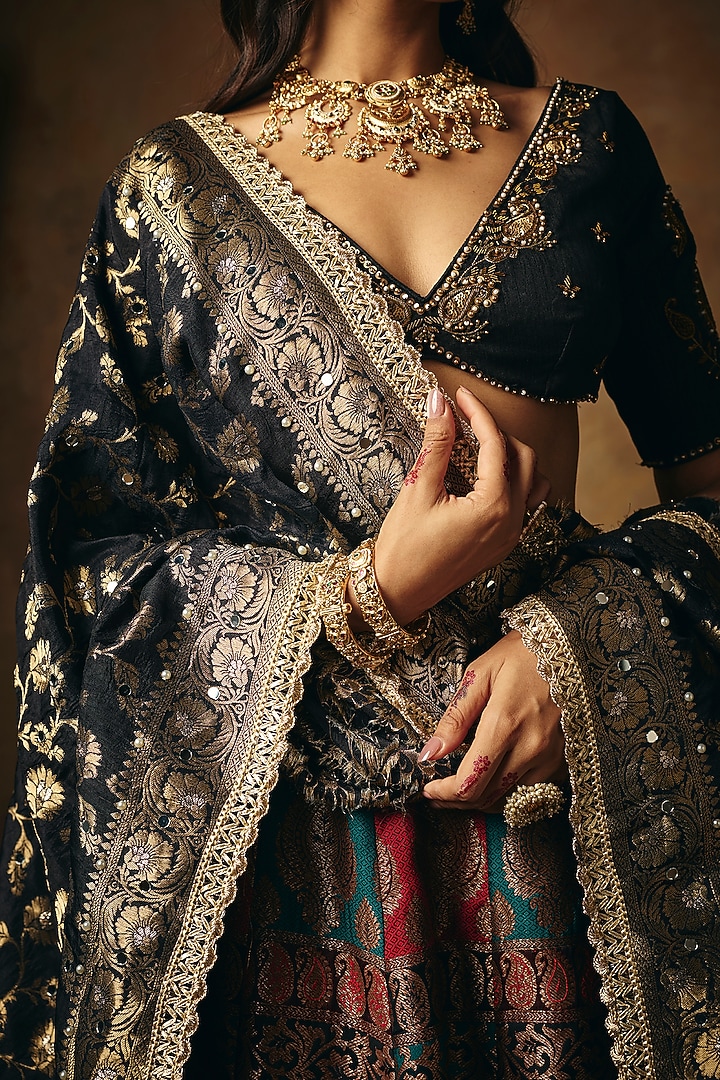 Black Banarasi Brocade Wedding Lehenga Set by Saanjh by Lea at Pernia's Pop Up Shop