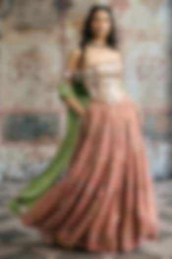 Pink Organza Floral Printed Wedding Lehenga Set by Saanjh by Lea at Pernia's Pop Up Shop