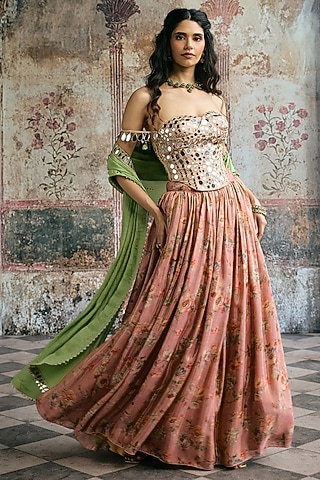 Pink Organza Floral Printed Lehenga Set by Saanjh by Lea