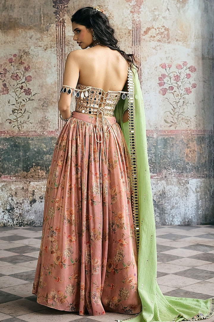 Pink Organza Floral Printed Wedding Lehenga Set by Saanjh by Lea at Pernia's Pop Up Shop