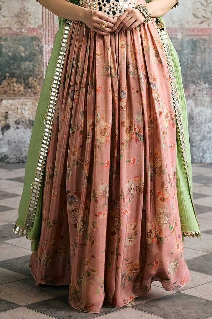 Pink Organza Floral Printed Wedding Lehenga Set by Saanjh by Lea at Pernia's Pop Up Shop