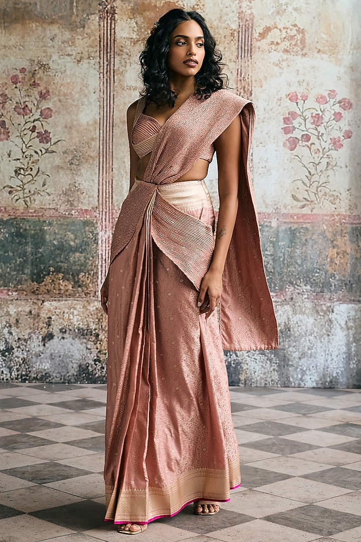 Mauve Banarasi Silk Pre-Draped Party Wear Saree Set by Saanjh by Lea at Pernia's Pop Up Shop