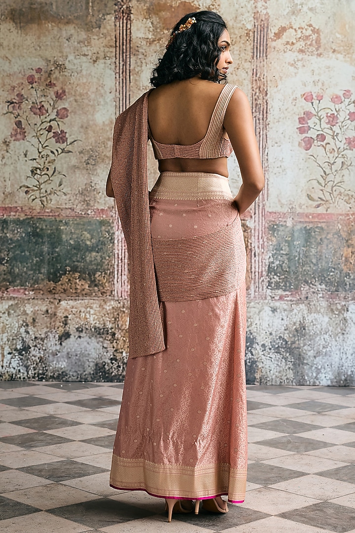 Mauve Banarasi Silk Pre-Draped Party Wear Saree Set by Saanjh by Lea at Pernia's Pop Up Shop