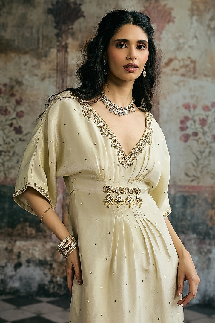 Ivory Silk Hand Embroidered Kaftan by Saanjh by Lea at Pernia's Pop Up Shop