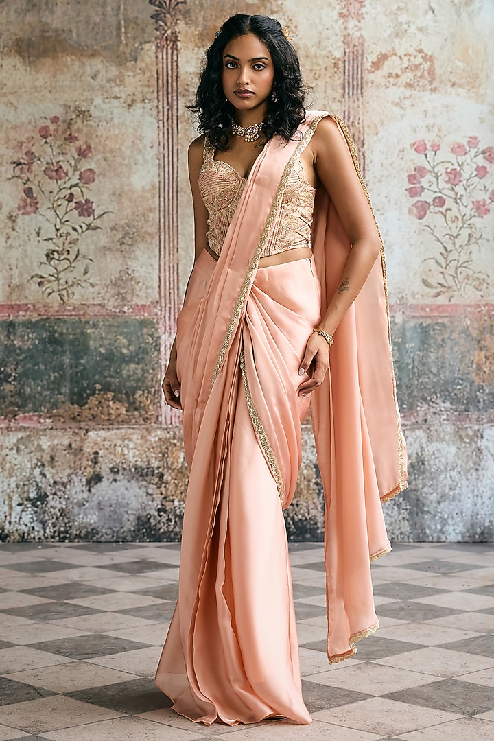 Peach Satin Georgette Draped Party Wear Saree Set by Saanjh by Lea at Pernia's Pop Up Shop